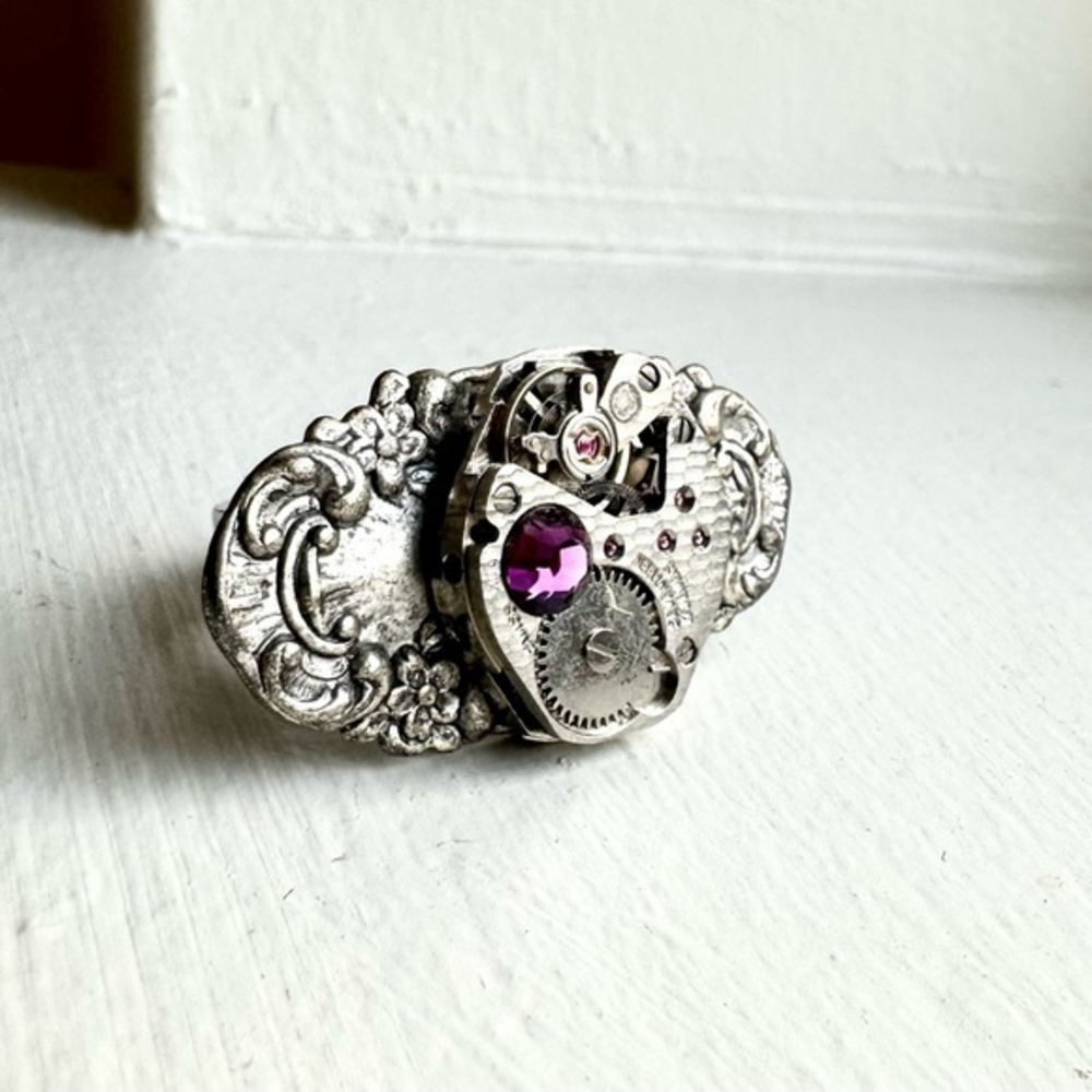 Steampunk Ring style 17, Amethyst Swarovski Srystal Watch Movement One Of a Kind